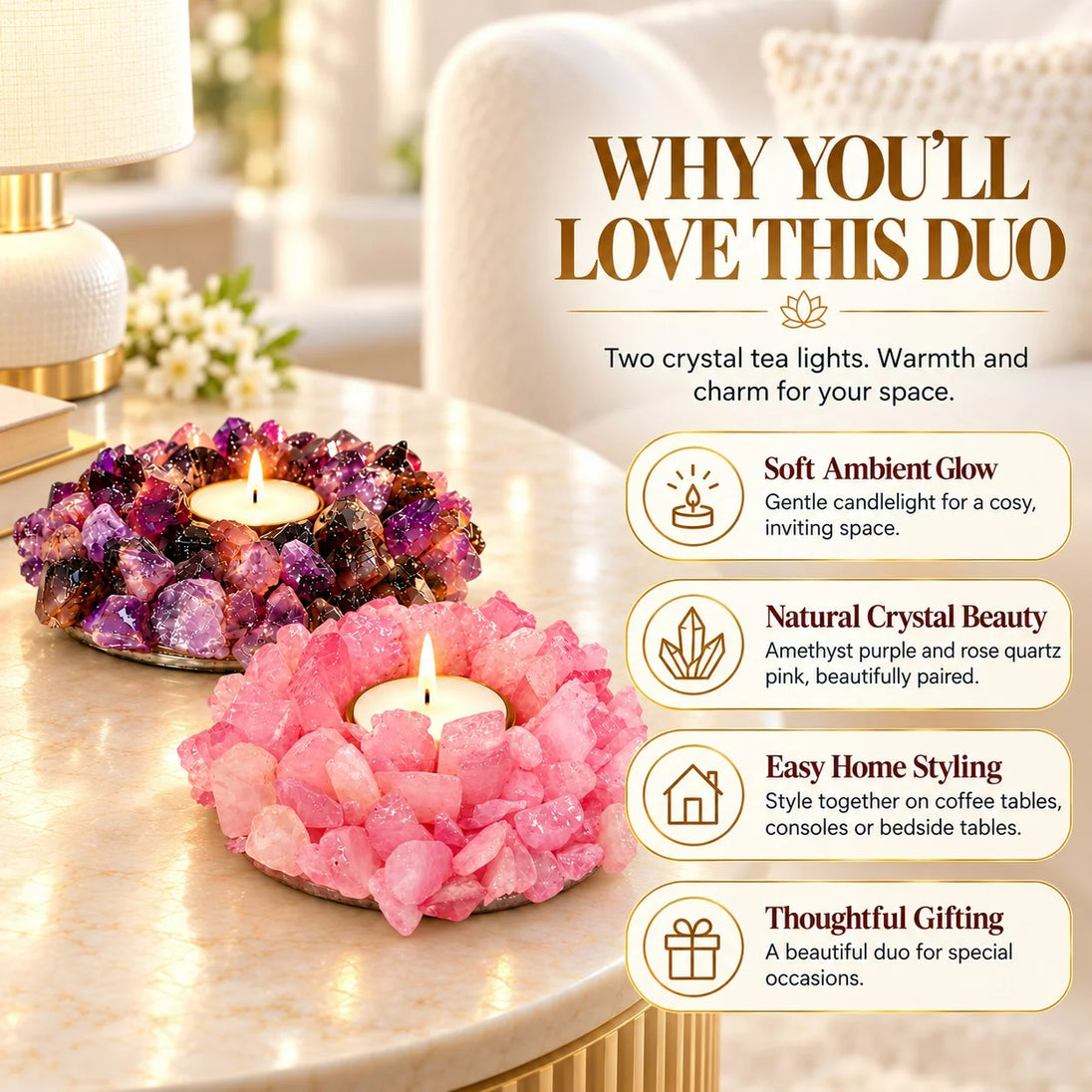 Amethyst and Rose Quartz Tea Light Combo for Diwali Decoration