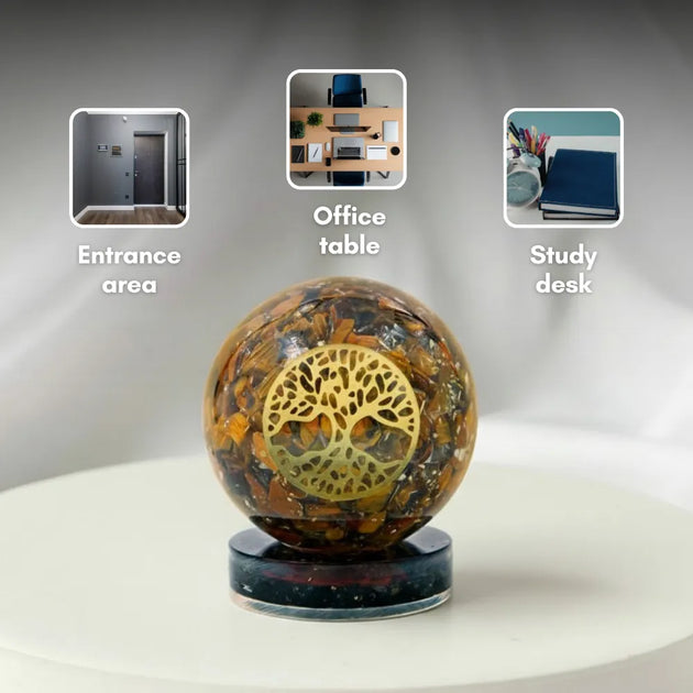 Decorative sphere with tree design on a white surface, with text indicating its use in various settings.