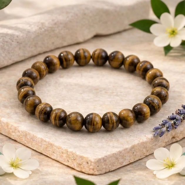Brown beaded bracelet on a stone surface with flowers