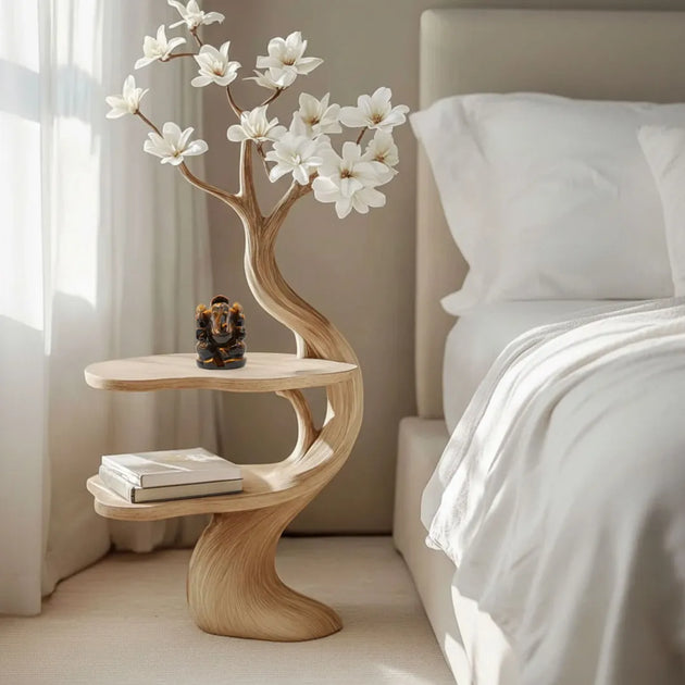Wooden side table with floral design next to a bed in a bedroom