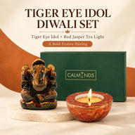Tiger Eye Idol Diwali Set – Tiger Eye Crystal Idol with Red Jasper Crystal Diyas