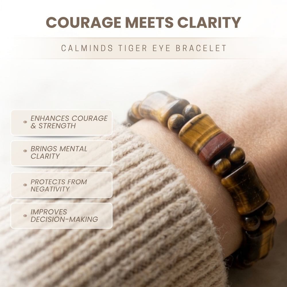 Tiger eye bracelet on a wrist with text about its benefits