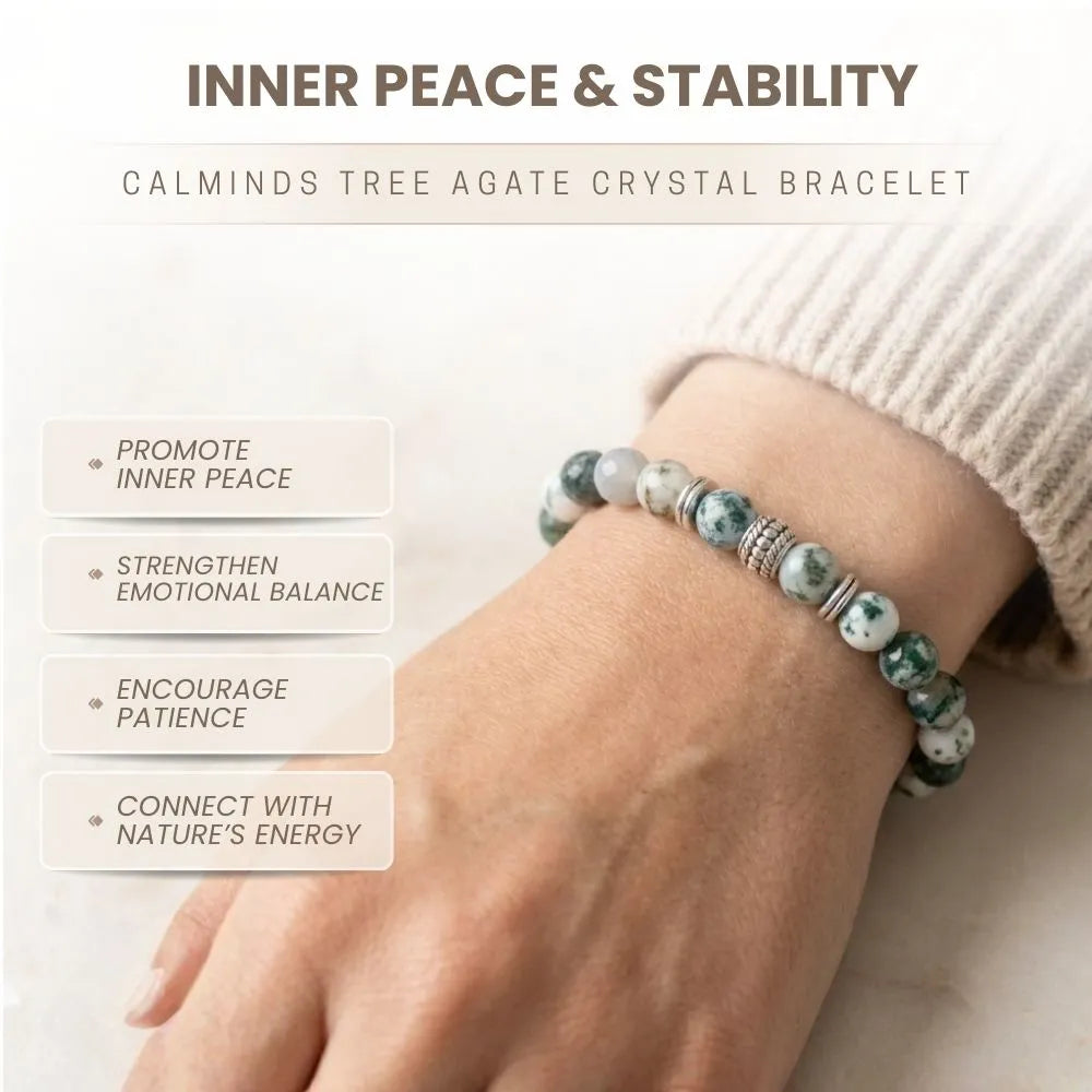 Tree agate crystal bracelet on a wrist with text about its benefits on a light background
