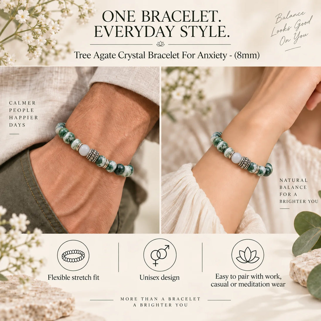 Tree Agate Crystal Bracelet for Grounding & Growth - (8mm) – product image