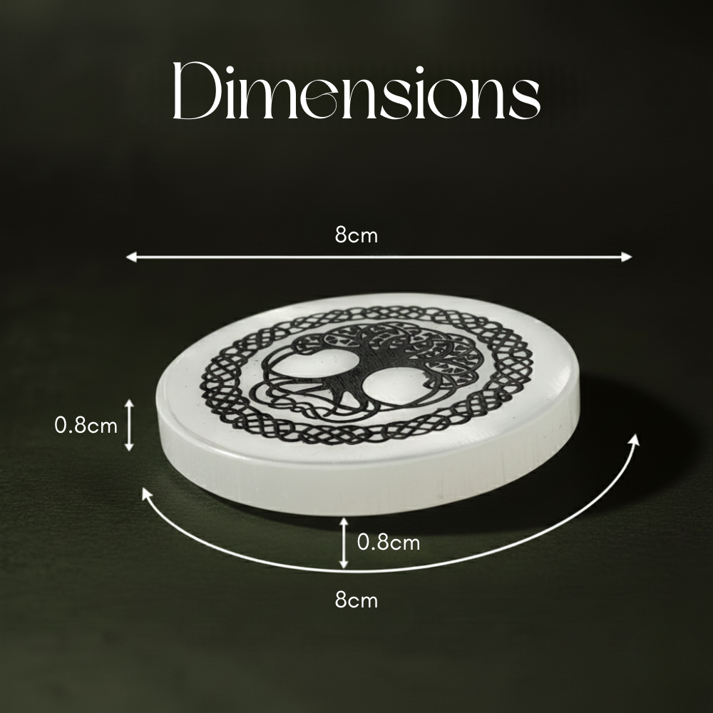 Tree of Life Selenite Charging Plate dimensions: 8 cm wide, 0.8 cm thick