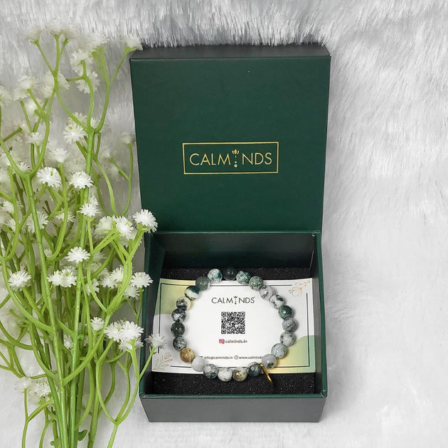 tree agate bracelet inside calminds box