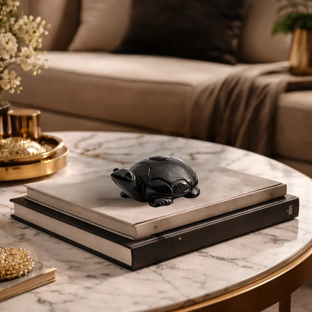 Decorative black turtle figurine on a stack of books on a marble table with a blurred sofa in the background.