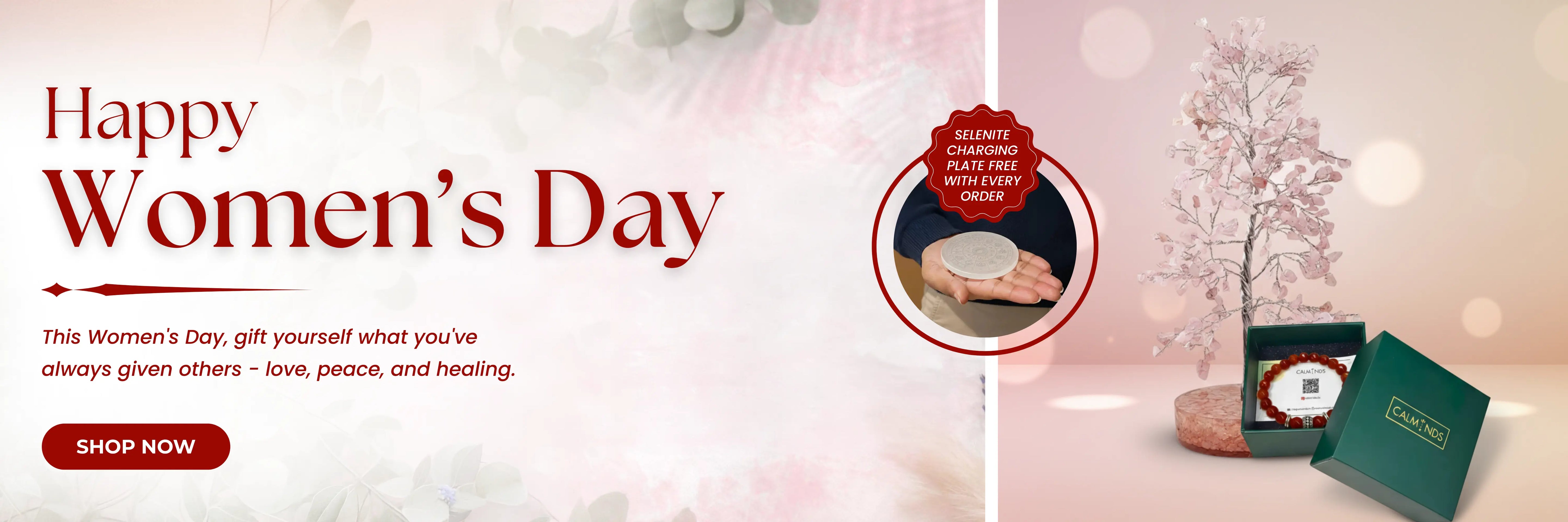 Promotional banner for Women's Day with a tree and gift box on a soft pink background.