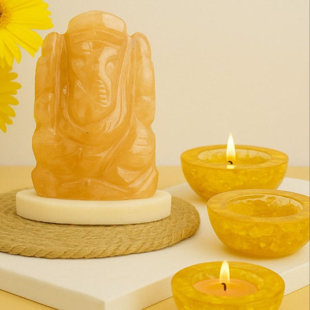 yellow aventurine crystal ganesha with citrine tea light candle holders