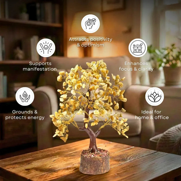 Decorative yellow tree on a wooden table with lifestyle background