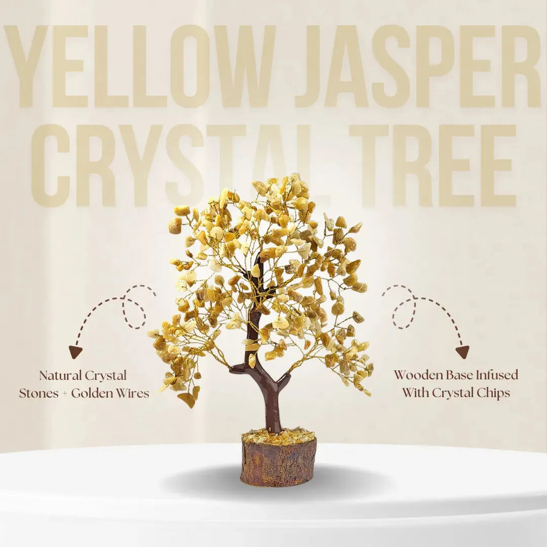 Yellow Jasper Crystal Tree with text on a beige background