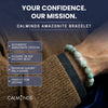 Person wearing a Calminds Amazonite bracelet with product features listed.