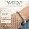 Amazonite bracelet on a wrist with promotional text about Calminds brand.