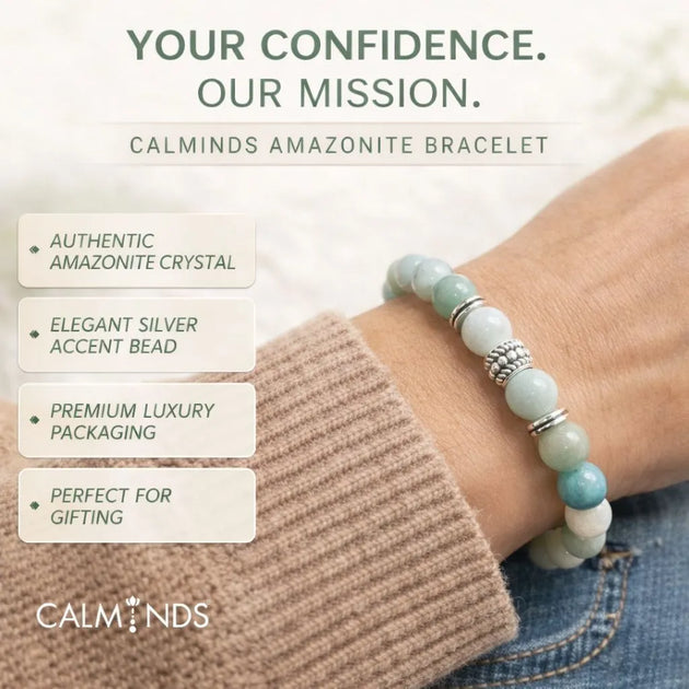 Amazonite bracelet on a wrist with promotional text about Calminds brand.