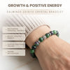 Zoisite crystal bracelet worn on a wrist with text highlighting benefits on a light background